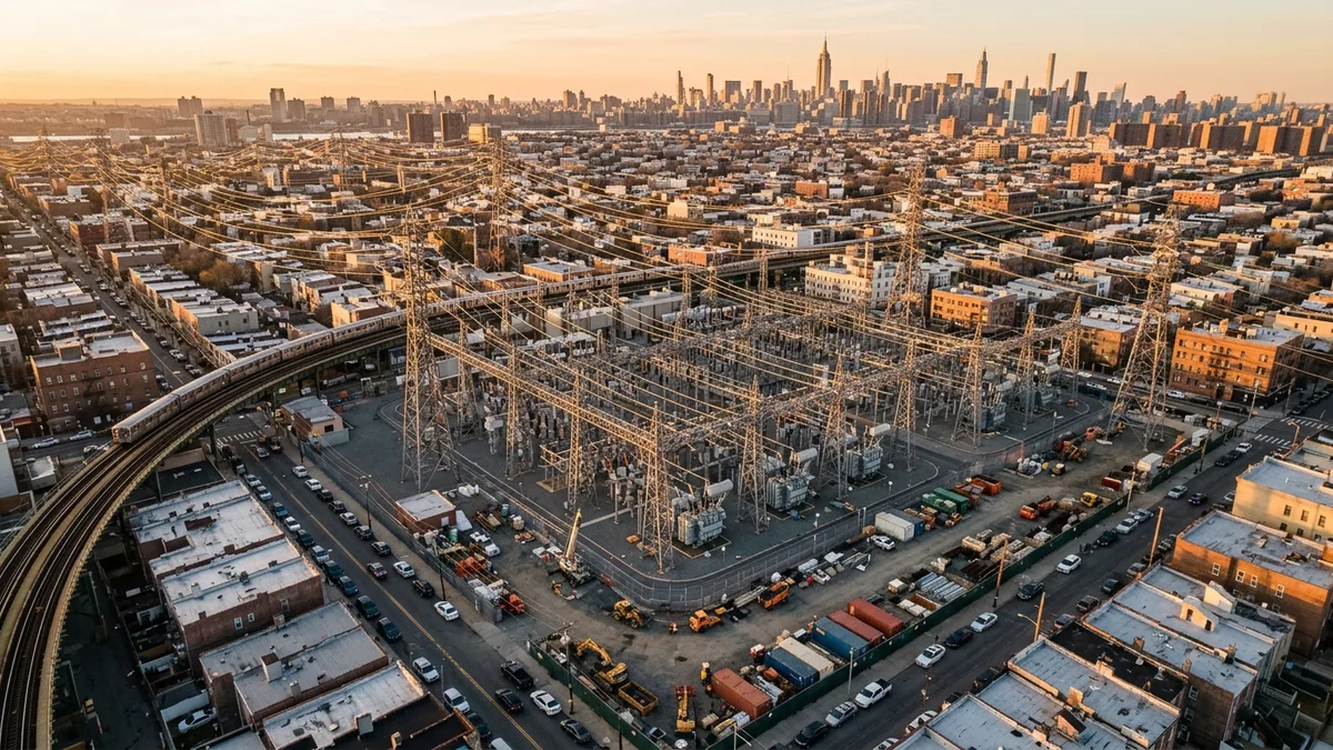 Editorial image: Urban substation expansion aerial - Con Edison Plans $29B Grid Upgrade Across NYC Region Through 2030