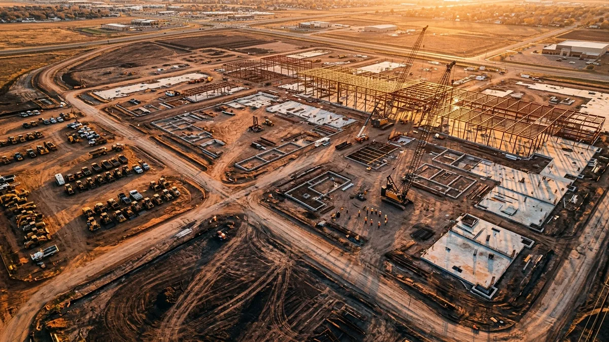 Editorial image: Aerial construction site, thin workforce - Construction Job Openings Rebound but Hiring Remains "Extremely Subdued"