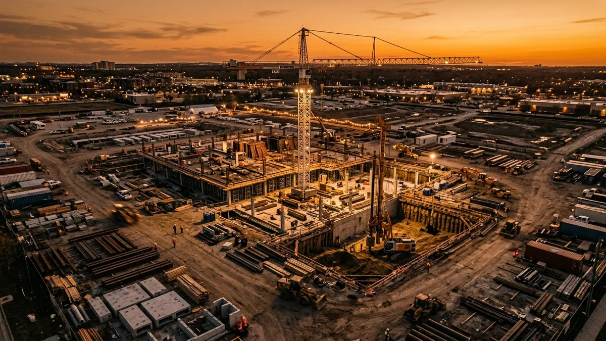 Editorial image: Aerial construction site dusk - Construction Workers Miss Average 114 Days After Injury, Travelers Report Finds