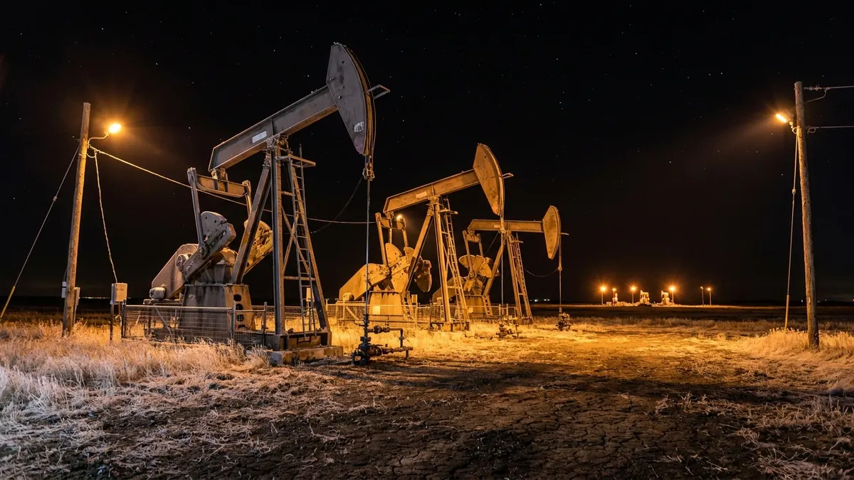 Editorial image: Bakken pumpjacks working at night - Continental Resources Restarts Bakken Drilling as Oil Prices Near $100