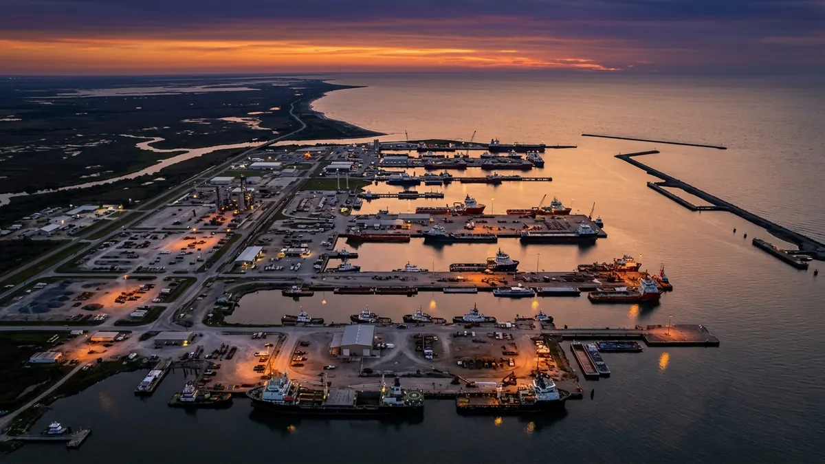 Editorial image: Aerial coastal LNG terminal dusk - Louisiana Legislature Unanimously Backs Argent LNG's 25-MMtpa Port Fourchon Export Terminal