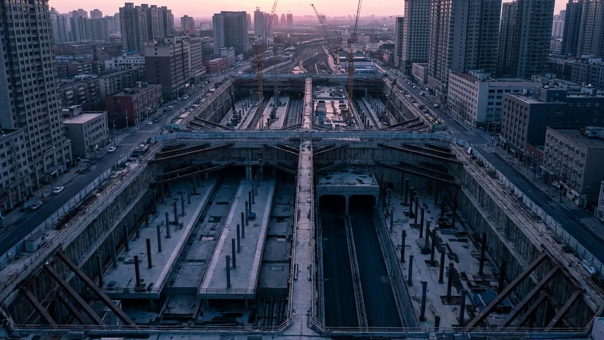 Editorial image: Aerial dawn rail excavation - Penn Station's $8B Overhaul Gets a Master Developer — What Subs Need to Know