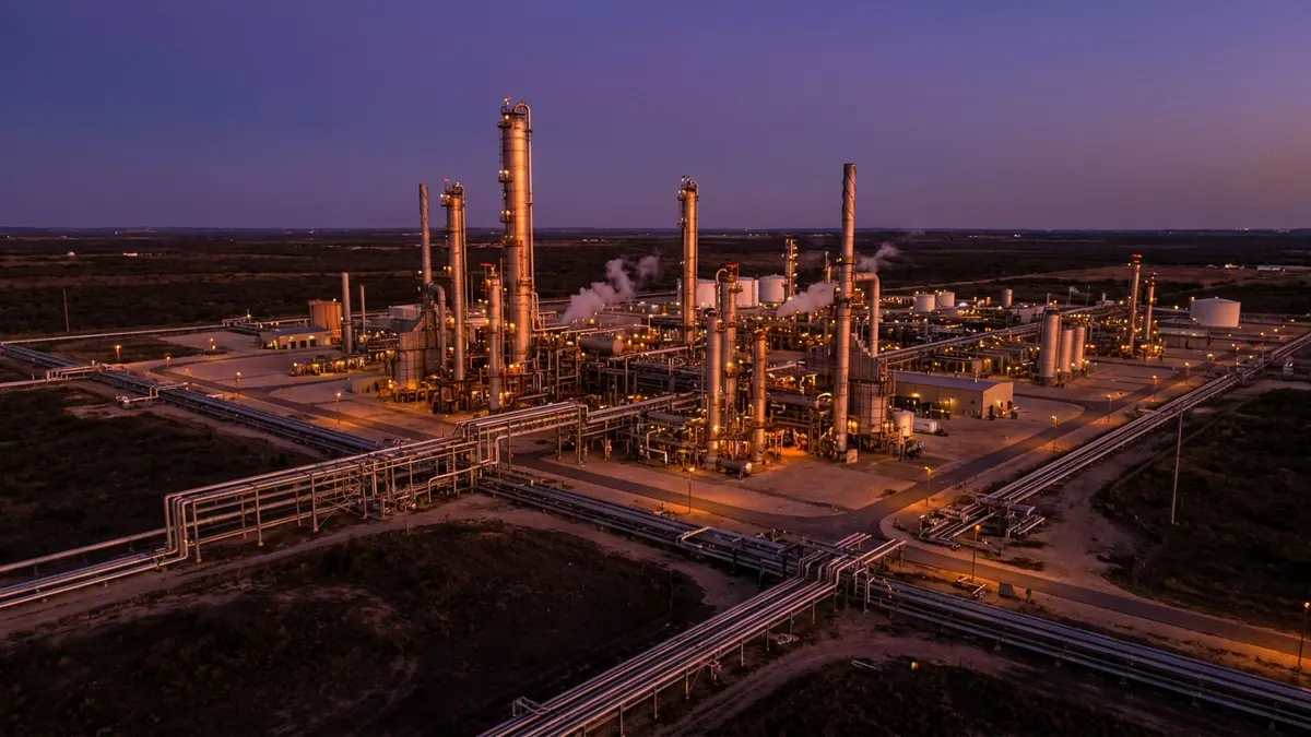 Editorial image: Aerial fractionator complex dusk - Phillips 66 Greenlights Zeus Gas Plant and Third Coastal Bend Fractionator, Both Targeting 2028 Startup