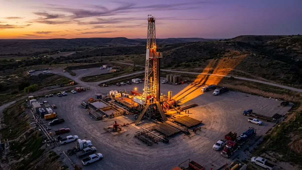 Editorial image: Aerial drilling rig dusk workforce - US Oil and Gas Extraction Employment Drops to Lowest Point Since August 2022