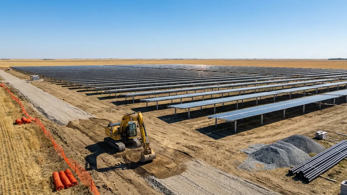 Editorial image: Solar farm construction, prairie flatlands - $15M Federal Investment Launches 100 MW Solar Project Near Estevan, Saskatchewan
