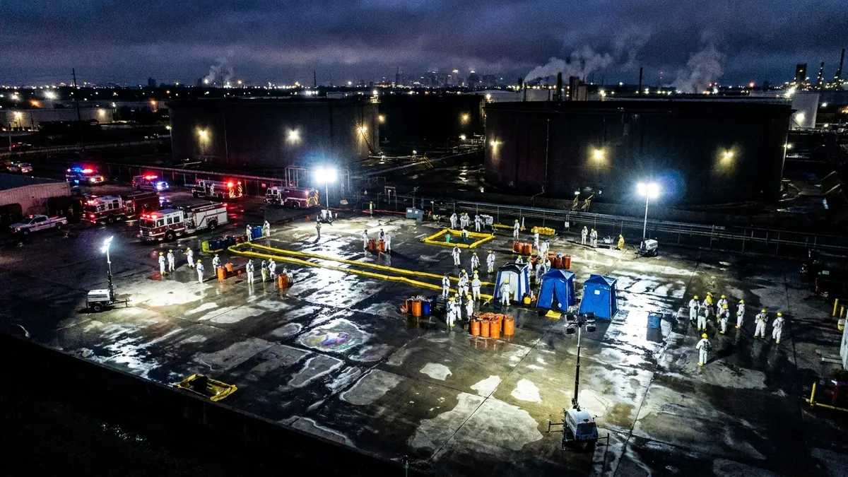 Editorial image: Aerial hazmat cleanup at night - $3.5M in OSHA Fines Follow Houston Chemical Spill Cleanup That Left Workers Unprotected