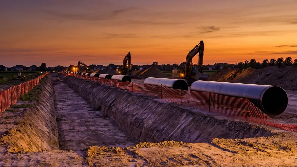 Editorial image: Mega pipeline trench at dusk - $400M WaterLink Pipeline Breaks Ground in Illinois, Construction to Run Through 2028