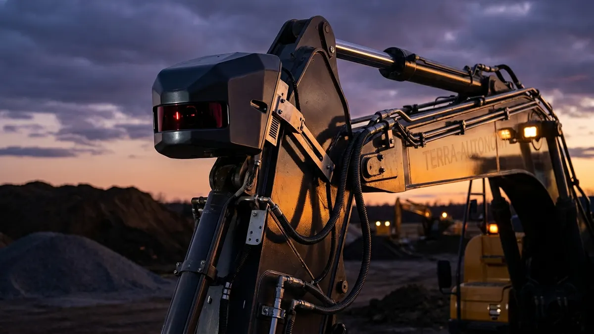 Editorial image: Autonomous excavator sensor close-up - Autonomous Construction Equipment Is Moving From Trade Show Floor to Job Site