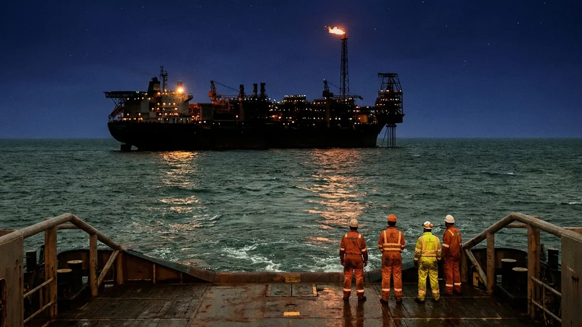 Editorial image: Workers face idle platform at night - Bilfinger Workers Strike at Two North Sea Assets in Retention Bonus Dispute