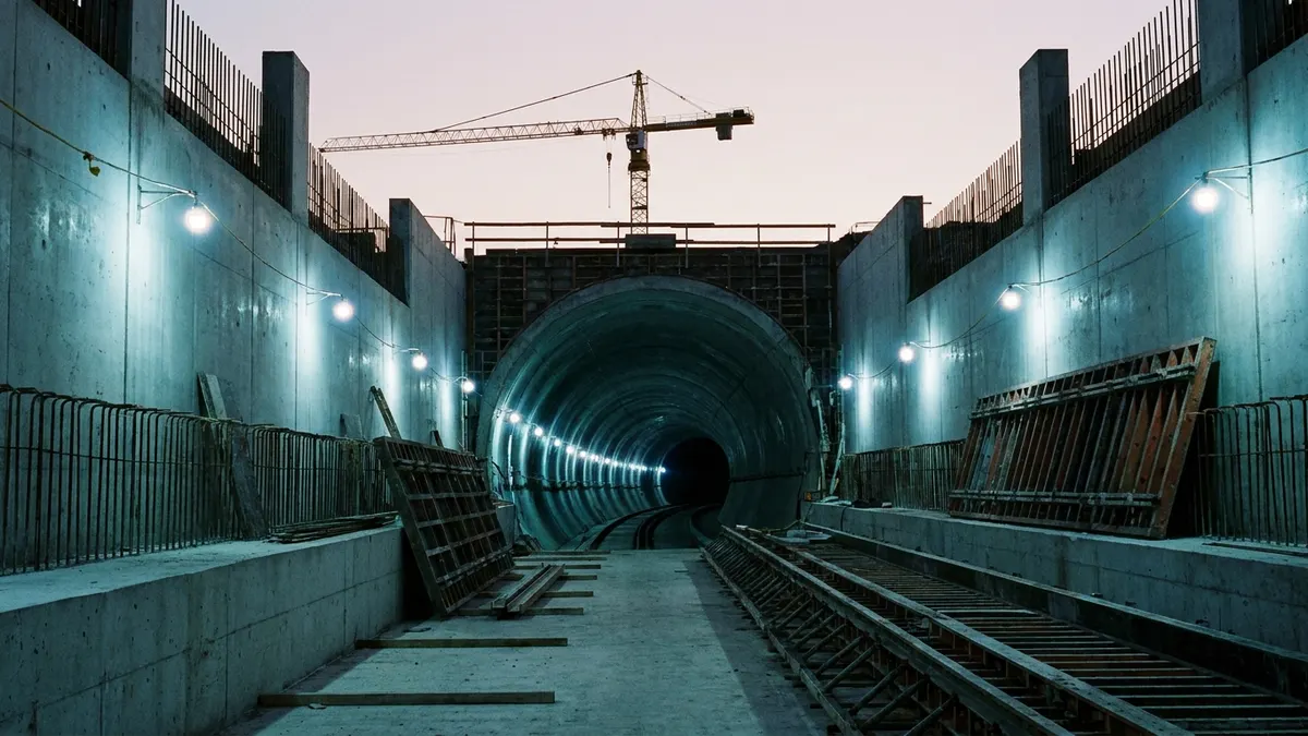 Editorial image: Empty rail tunnel at dawn - Billions in Rail Contracts Are Moving, But Funding Fights Put Subcontractors at Risk