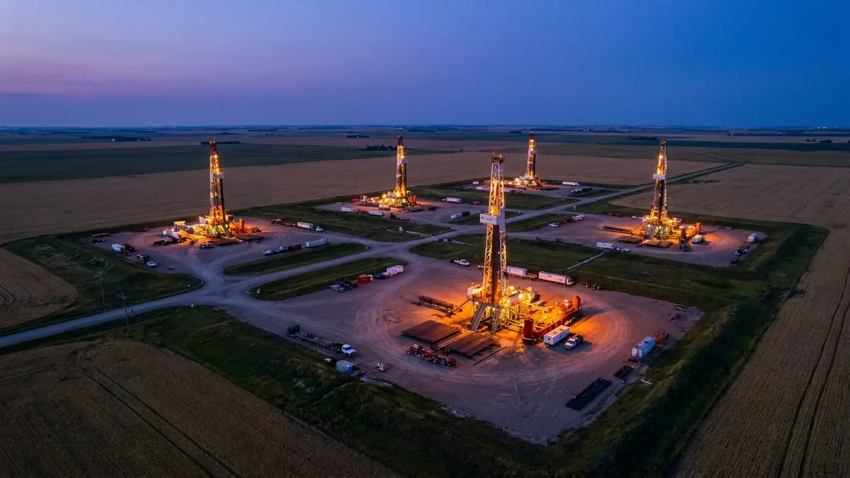 Editorial image: Multiple rigs, aerial dusk - Canadian Rig Counts Climb Above Five-Year Seasonal Highs on Oil and Gas Strength
