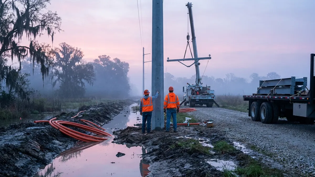 Editorial image: Louisiana grid hardening at dawn - Cleco Launches Louisiana's Largest Grid Resiliency Push, Opening Door for Utility Construction Subs