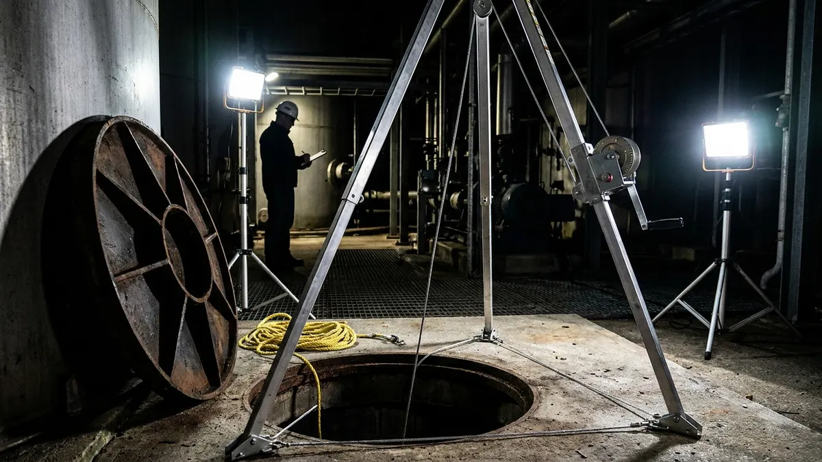 Editorial image: Confined space rescue rigging, night - Confined Space Rescue Plans Have Critical Gaps, Industry Experts Warn
