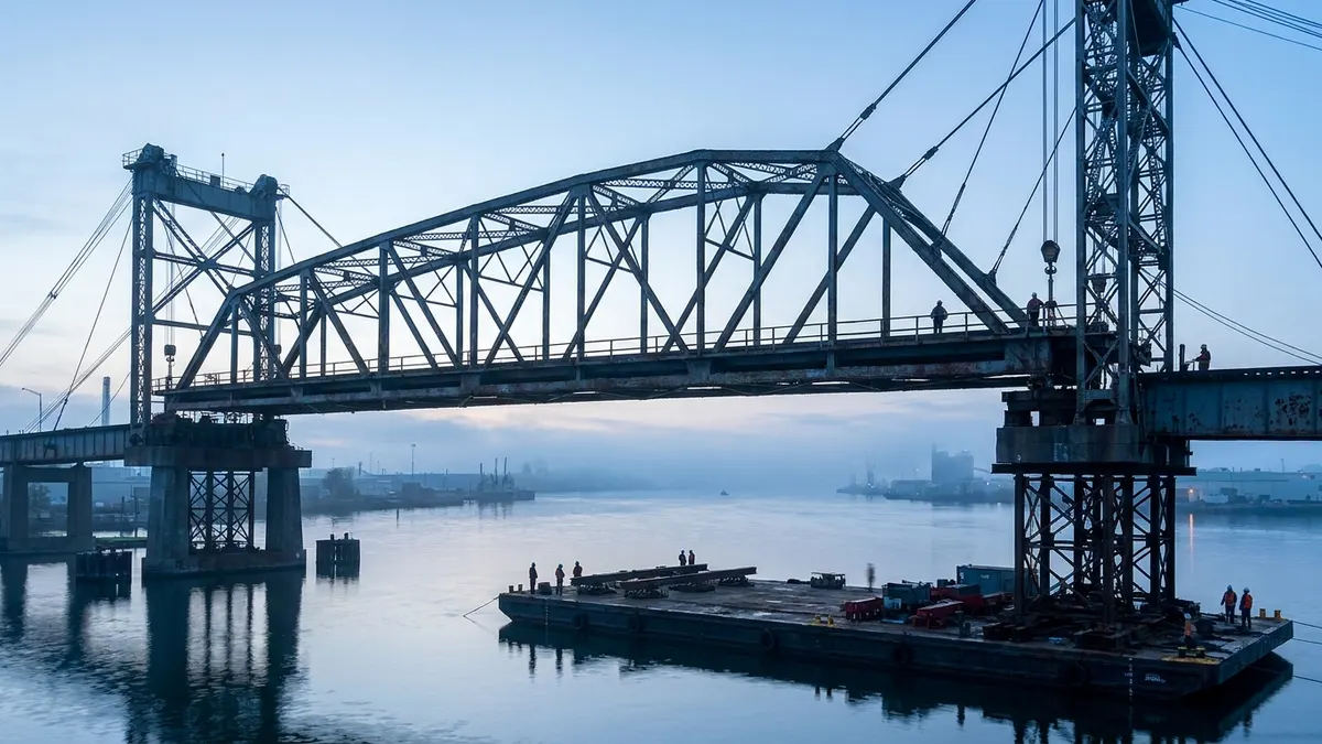 Editorial image: Bridge span lowered onto barge - Flatiron/Dragados and Mammoet Remove 2,300-Tonne Harbor Bridge Span in 36-Hour Operation