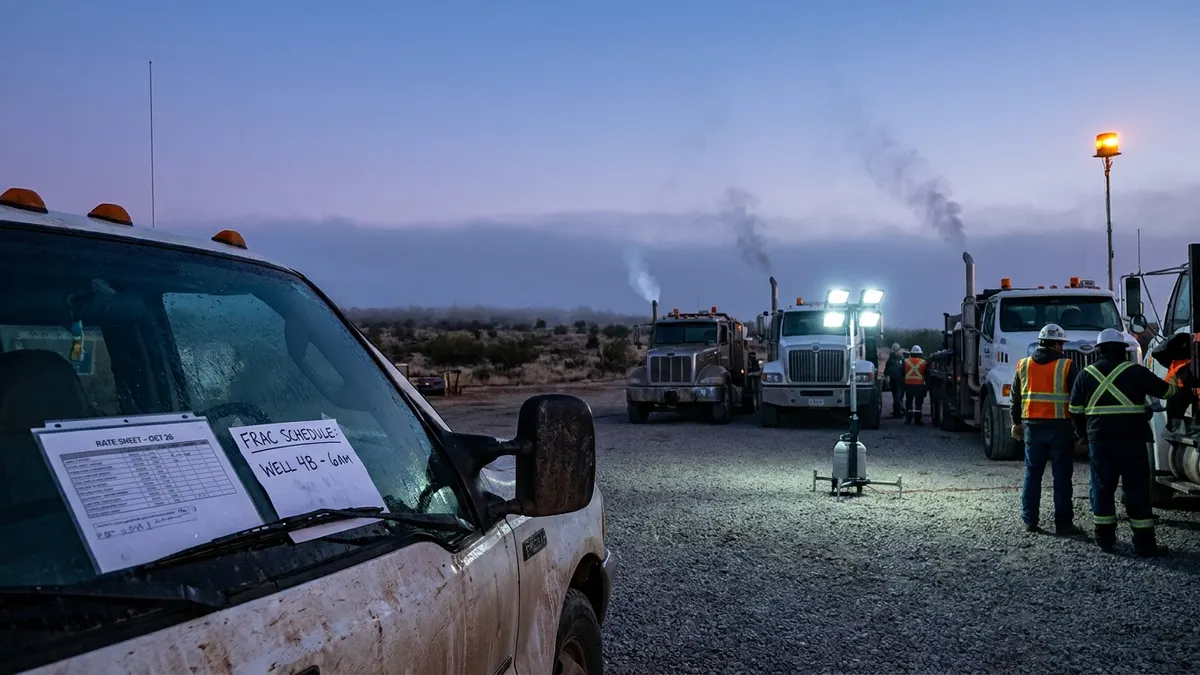 Editorial image: Service crews staging at dawn - Dallas Fed Survey: Oil Execs Flag Iran Conflict and Rising Service Costs as Top 2026 Risks