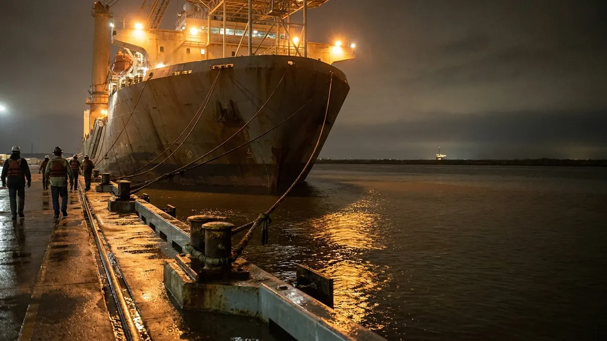Editorial image: Offshore LNG terminal dock night - Delfin Midstream Secures $5B to Build First US Floating LNG Export Terminal