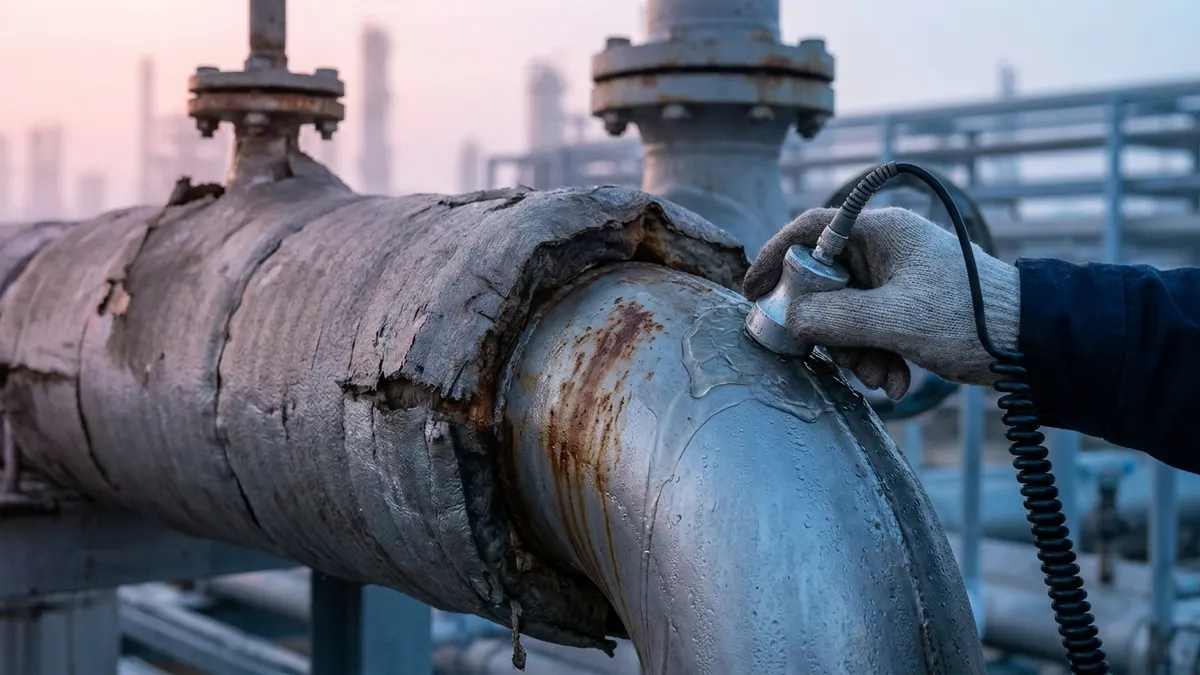 Editorial image: Ultrasonic probe on corroded pipe - Deployment Strategy, Not Technology, Is the Weak Link in Ultrasonic Corrosion Monitoring