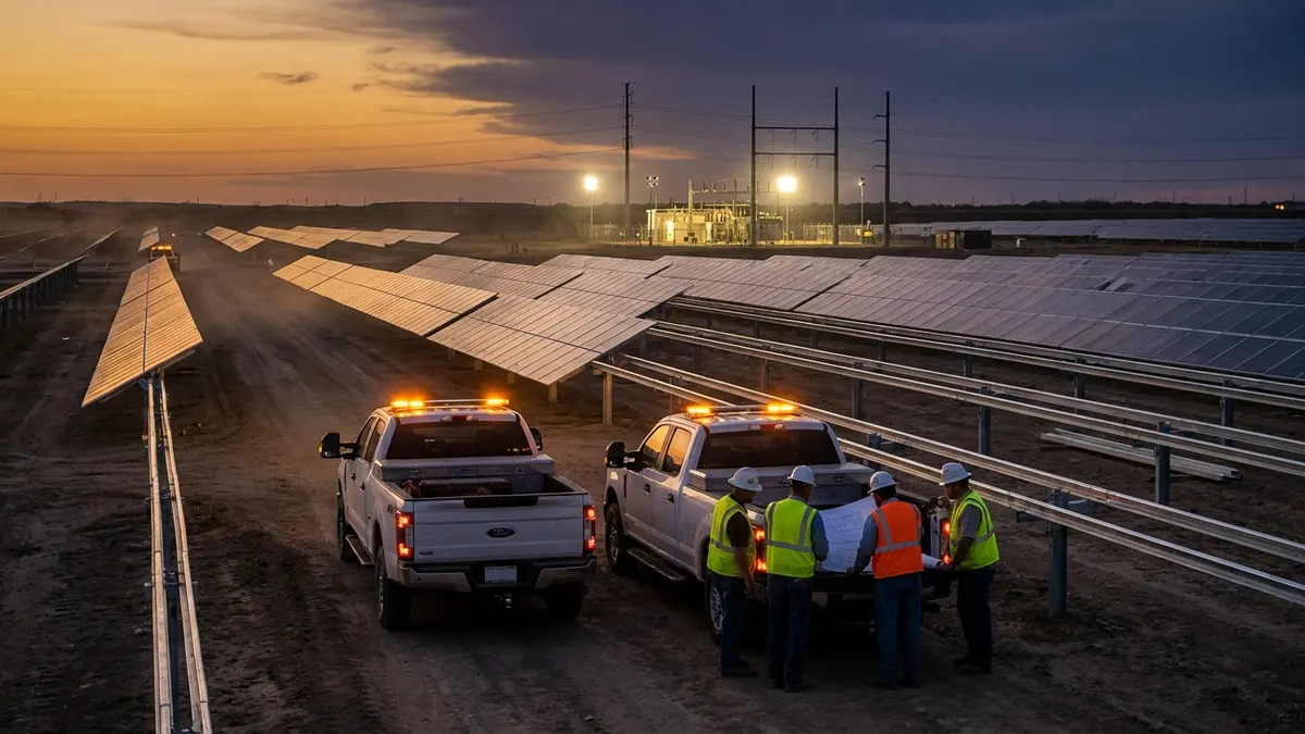 Editorial image: Solar grid build at dusk - Energy Security Is Now the Real Engine Behind Clean Power Construction