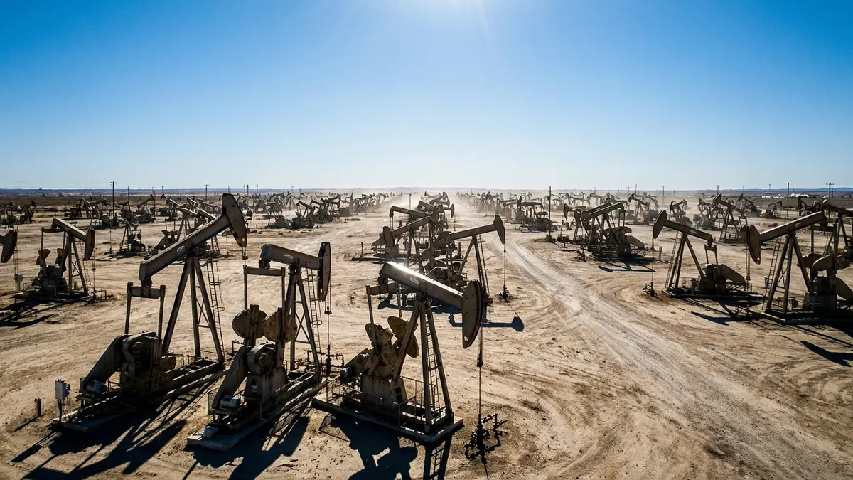 Editorial image: Vast pumpjack field, midday scale - Enverus Models Brent Above $100 Through Mid-2027 as Hormuz Disruption Drains OECD Stocks to 20-Year Lows