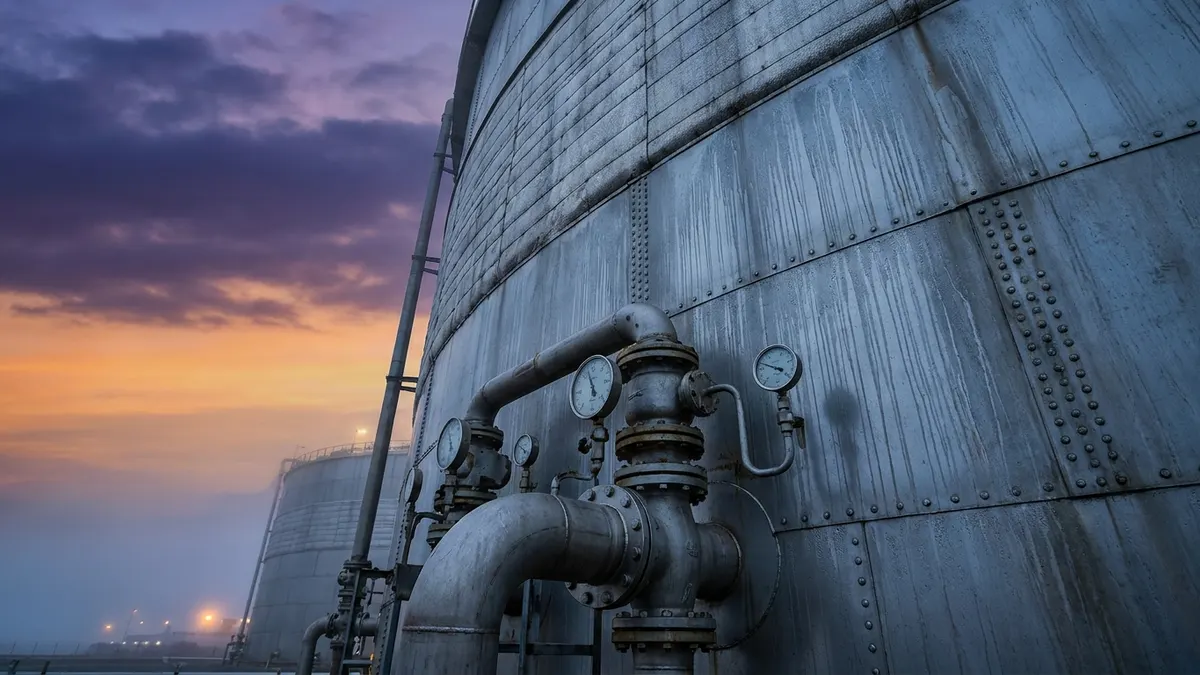 Editorial image: LNG tank dusk close-up - Fluor-JGC Joint Venture Gets Limited NTP for LNG Canada Phase 2 Expansion in Kitimat