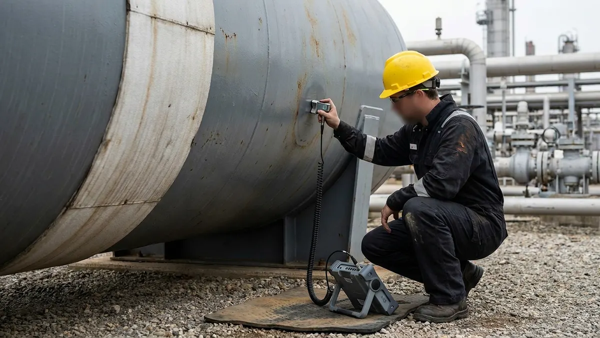 Editorial image: Inspector probing hidden steel damage - Hydrogen Damage Is Hiding in Your Equipment: What MI Programs Need to Get Right