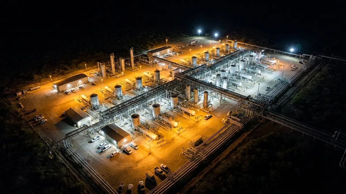 Editorial image: Compression station aerial night - Kinder Morgan GCX Expansion Reaches Service, Easing Permian Gas Bottleneck