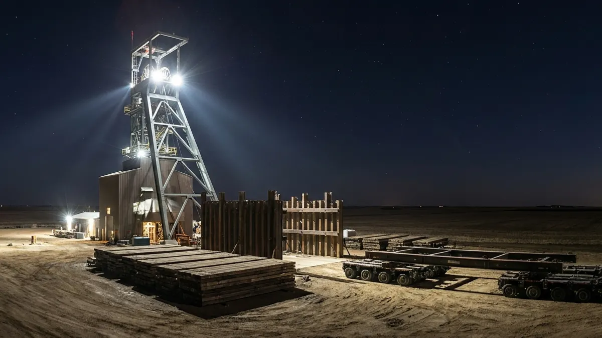 Editorial image: Headframe rising over prairie night - Mammoet and Ledcor Complete Major Headframe Installation at BHP's Jansen Potash Mine