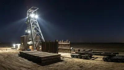 Editorial image: Headframe rising over prairie night - Mammoet and Ledcor Complete Major Headframe Installation at BHP's Jansen Potash Mine