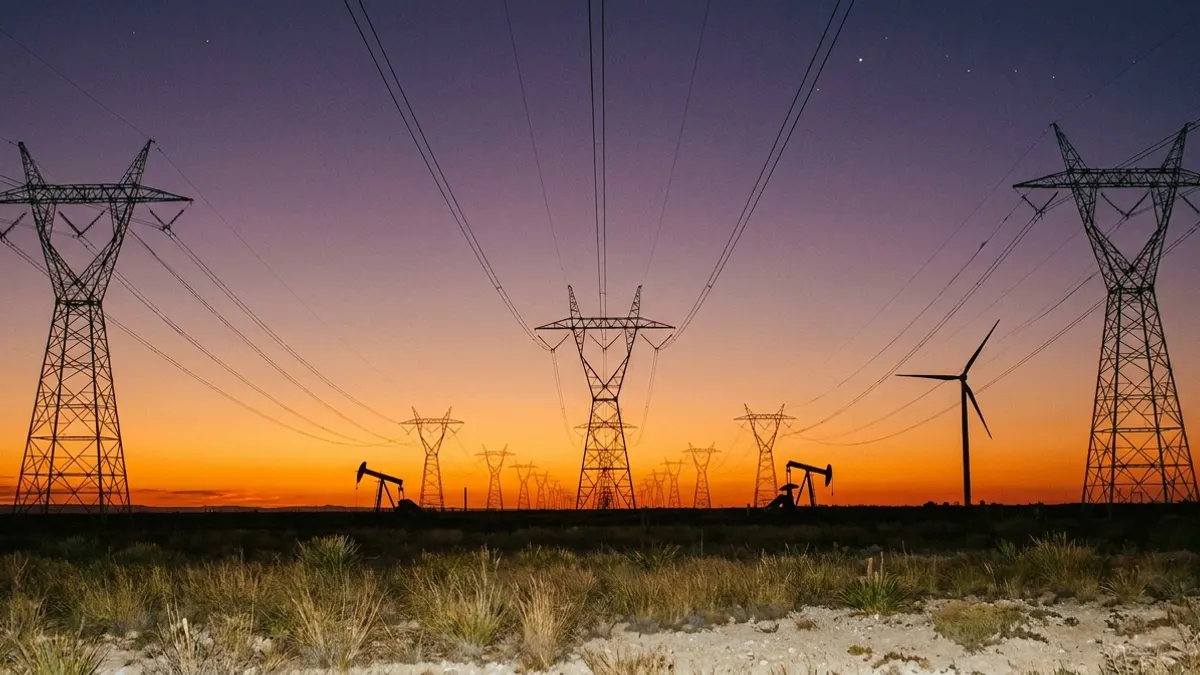 Editorial image: Transmission towers, Permian dusk - NextEra Commissions 137-Mile Crossroads-Hobbs-Roadrunner Transmission Line in SE New Mexico