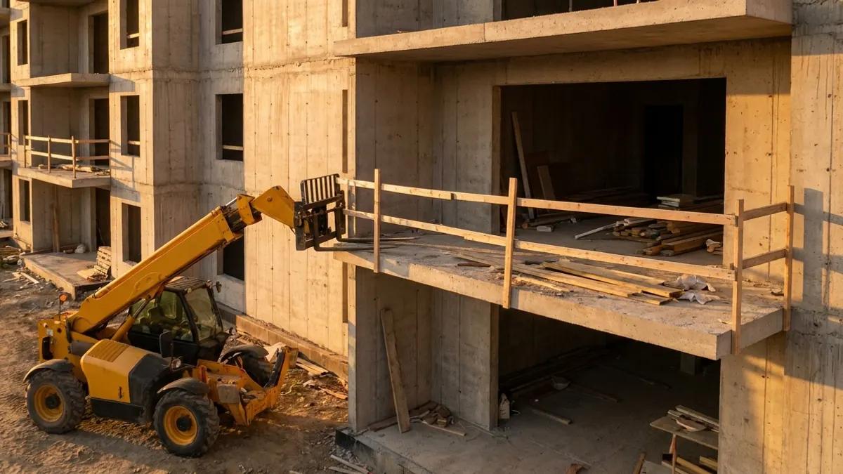 Editorial image: Balcony edge fall hazard - Telehandler Balcony Unloading Turns Fatal After Temporary Guardrail Fails Structural Test