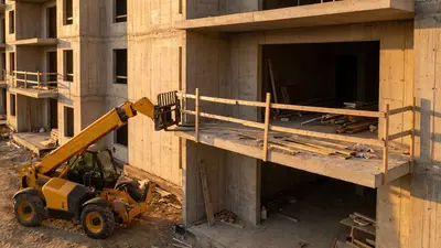 Editorial image: Balcony edge fall hazard - Telehandler Balcony Unloading Turns Fatal After Temporary Guardrail Fails Structural Test