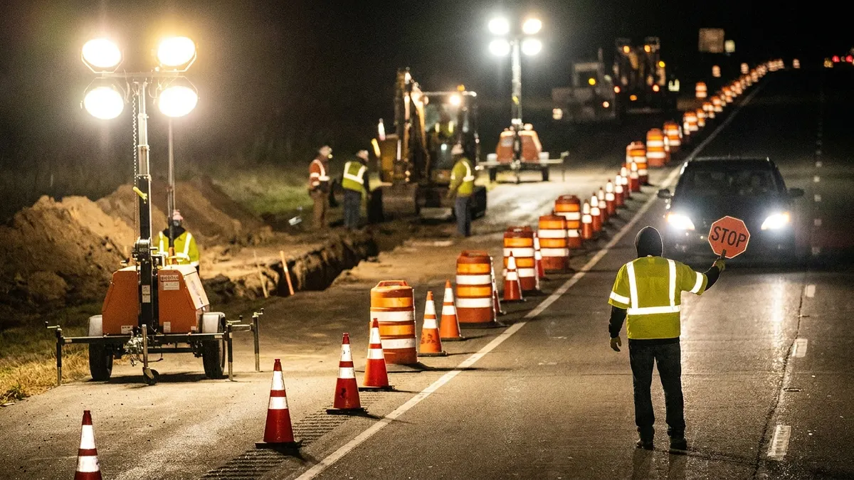 Editorial image: Night flagger, lone work zone - Traffic Control Is Now a Talent Problem, Not Just a Compliance Box