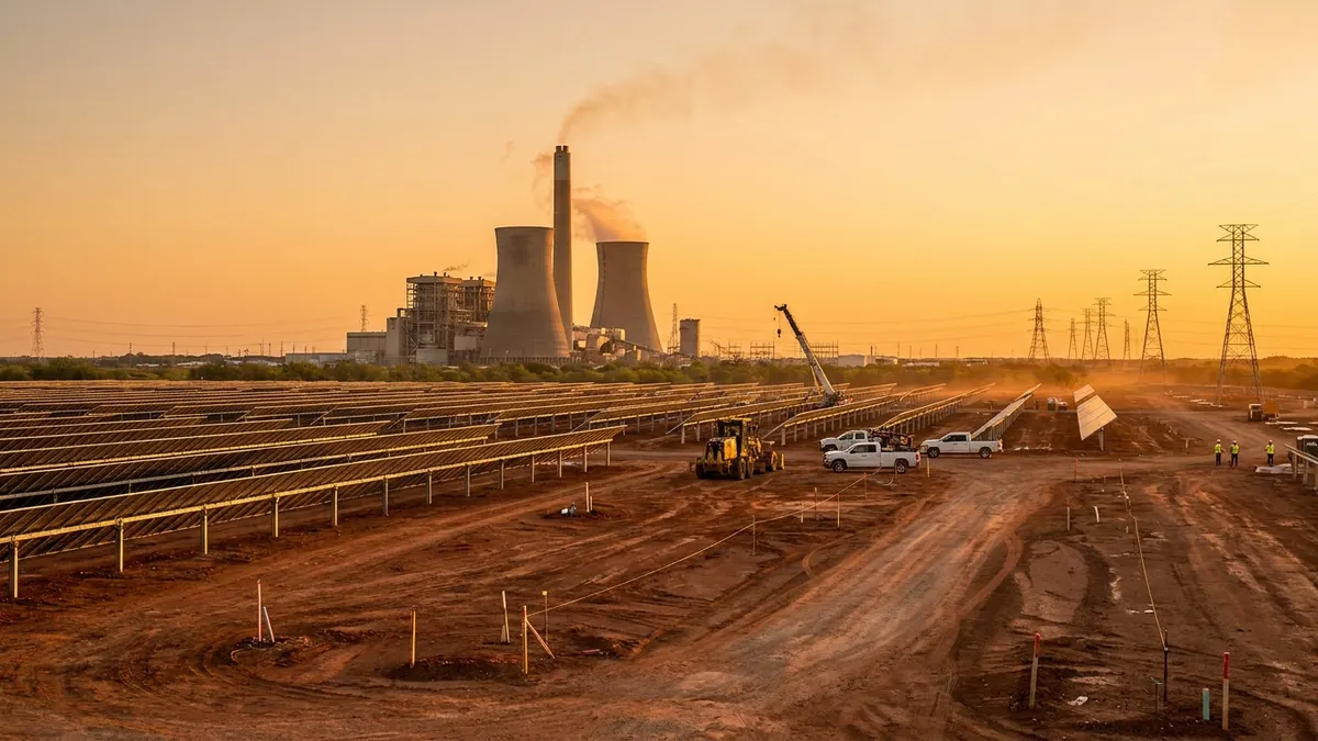 Editorial image: Solar array beside coal plant - $1.7B Texas Solar Project Breaks Ground at Coal Plant Site