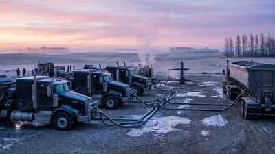 Editorial image: Fracing equipment at dawn, Alberta - Alberta's Basel Belly River Shale Draws New Oil Drilling Wave