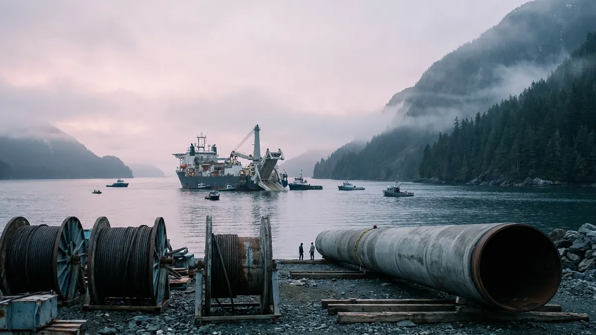 Editorial image: Subsea pipe shore pull-in staging - Allseas Wins Subsea Pipelay Contract for BC's PRGT-Ksi Lisims LNG Link