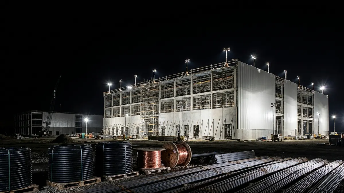Editorial image: Data center construction site at night - Data Centers Prop Up Construction as Tariffs, Rates Squeeze Other Sectors
