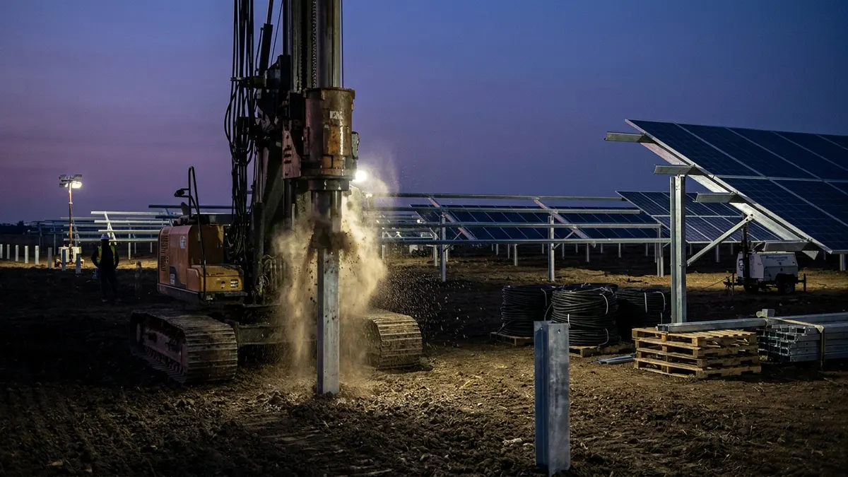 Editorial image: Pile-driving solar racking foundations at dusk - Google Signs PPA for Arkansas Mega Solar Project Built by Moss