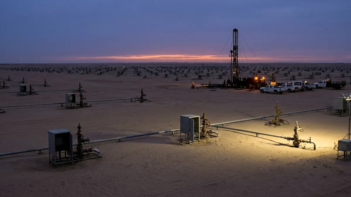 Editorial image: Vast multi-well field at dusk - Halliburton Lands Aramco Deal for 285-Well Onshore Program in Saudi Arabia