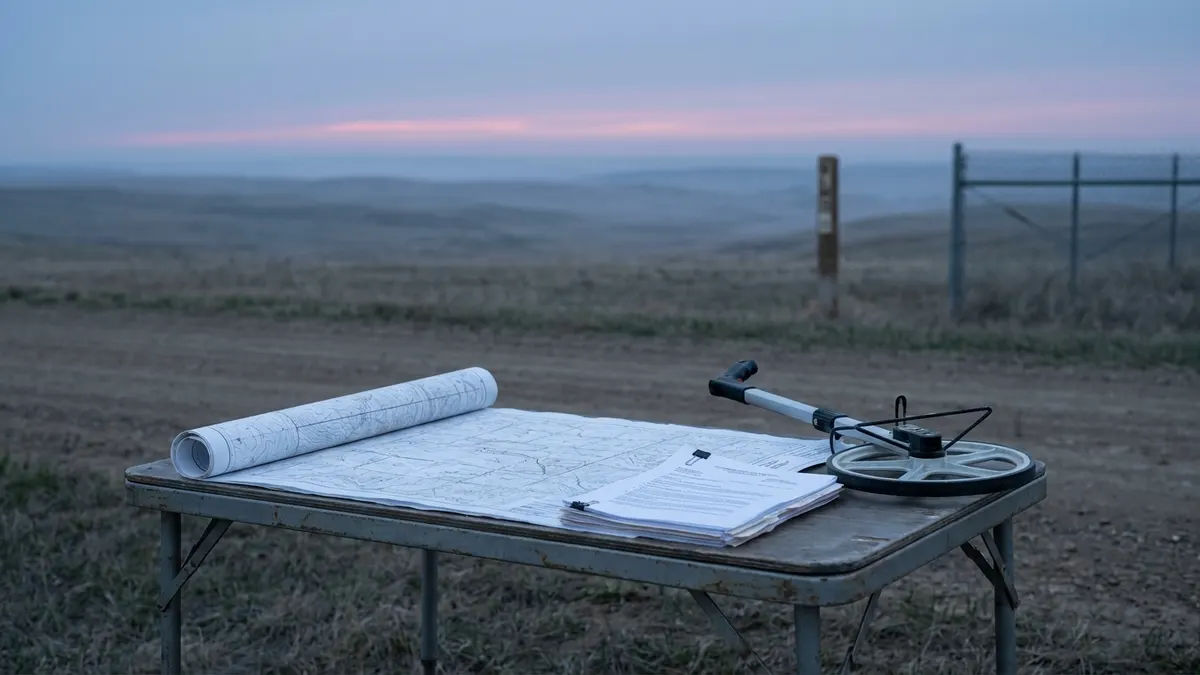 Editorial image: Federal lease documents on prairie table at dawn - North Dakota's Largest Lease Sale in 15 Years Reignites Royalty Rate Fight