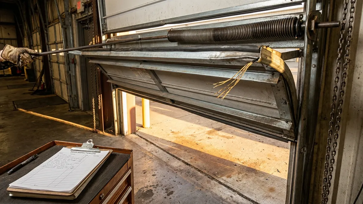 Editorial image: technician inspecting overhead door hardware - Commercial Door Safety Inspection Habits Help Prevent Struck-By, Crush Injuries