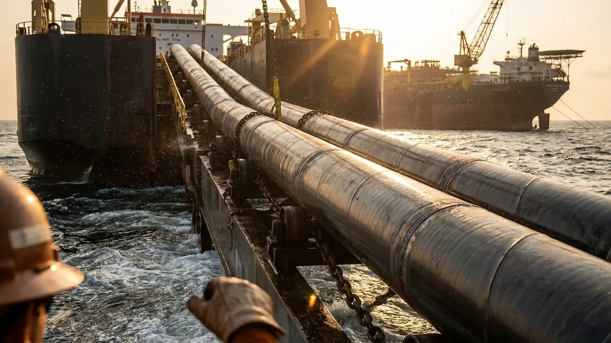 Editorial image: Offshore pipeline installation vessel close-up - Saipem Wins Over $3B in Eni Contracts Across July, June