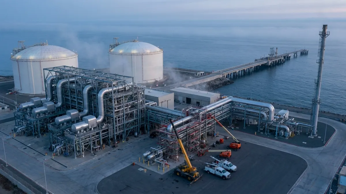 Editorial image: LNG terminal compressor repair at dawn - Sempra Pushes ECA LNG Start to Q4 as Compressor Repairs Delay Mexico Export Project