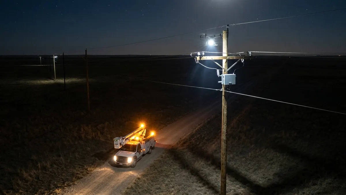 Editorial image: Drone inspecting utility pole at night - Southwestern Public Service Wins $113M Texas Reliability Grant