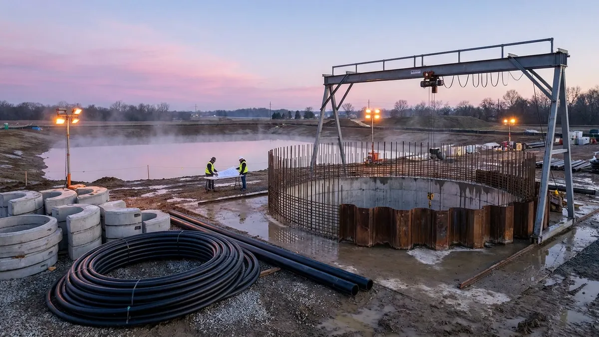 Editorial image: Dawn tunnel shaft construction site - Water Infrastructure Projects Surge Nationwide Into 2026