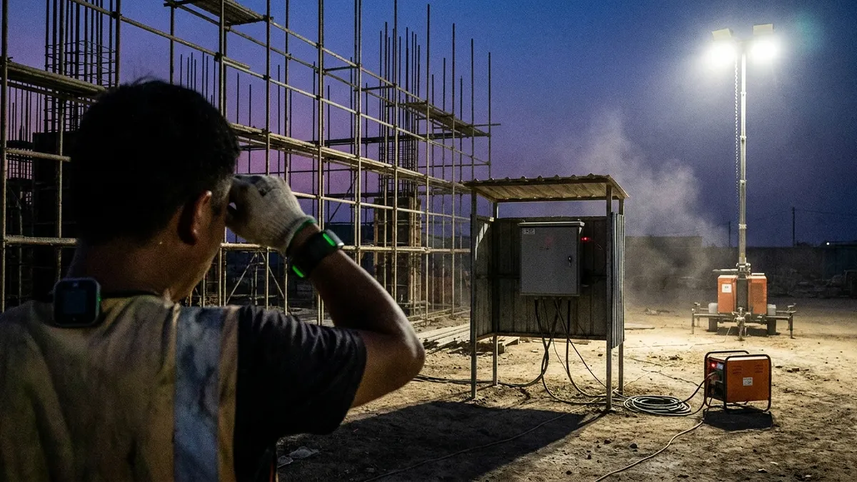 Editorial image: Worker wearable heat-sensor dusk jobsite - Wearables Offer Real-Time Heat Stress Monitoring for Construction Crews