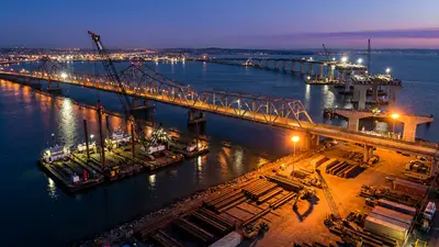 Editorial image: Twilight aerial bridge construction groundbreaking - $1.8B Blatnik Bridge Project Breaks Ground, Opens Multiyear Bid Pipeline