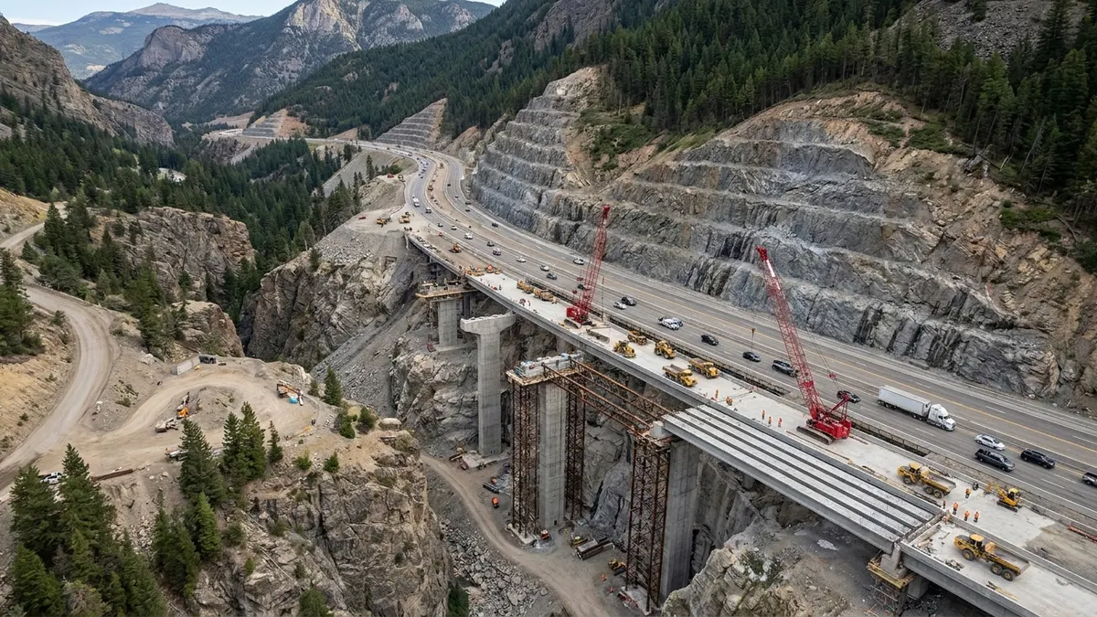 Editorial image: Mountain highway bridge construction over canyon - $905M I-70 Floyd Hill Widening Project Reaches Halfway Point in Colorado