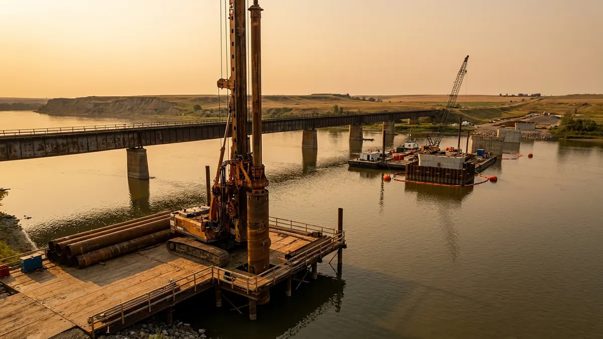 Editorial image: Drilled-shaft rig at river bridge site - Ames Construction Wins $290M South Dakota Bridge Replacement