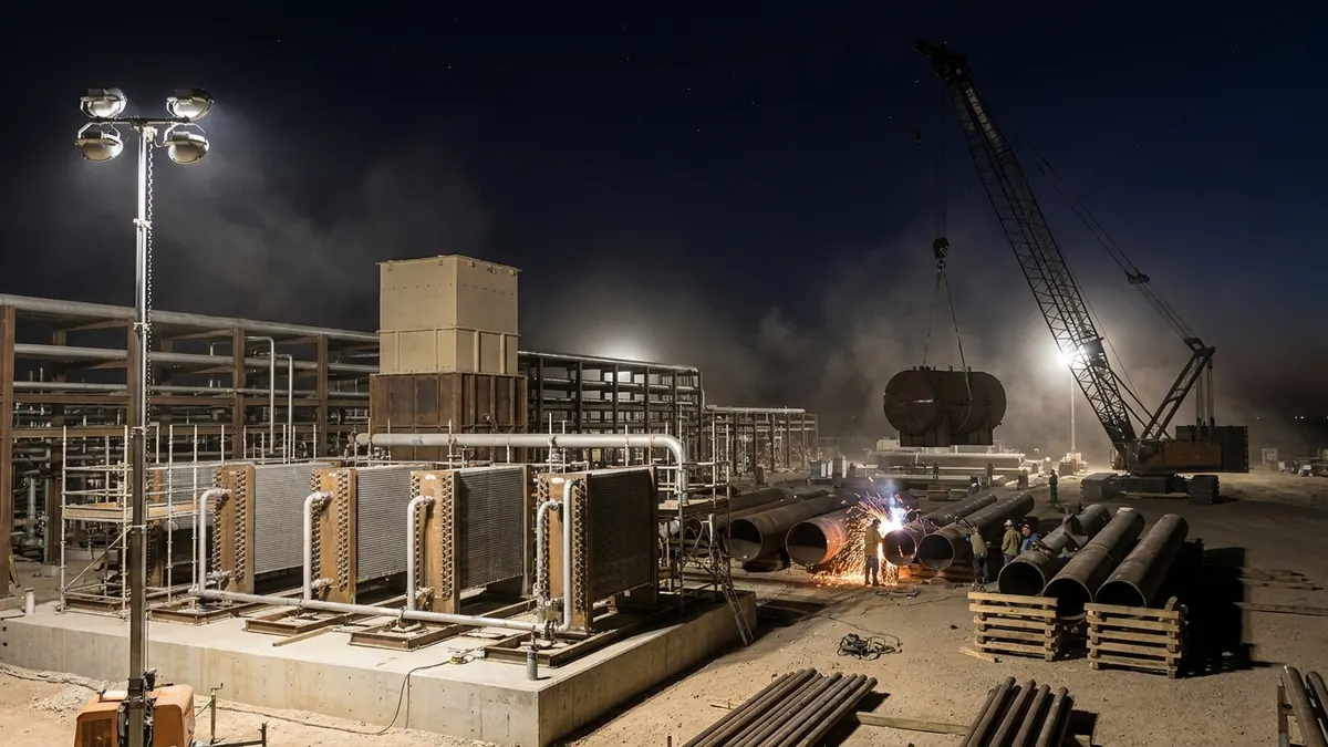Editorial image: night construction of new cryo gas plant - Brazos Adds Second 300 MMcfd Cryo Plant in Permian Buildout