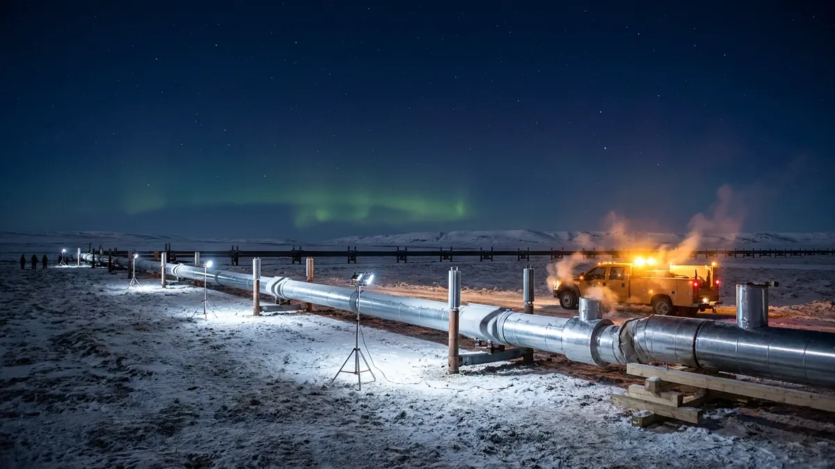 Editorial image: Arctic pipeline tie-in at night - ConocoPhillips Brings Coyote 3SX Online in Alaska, Adds 12,000 Bbl/d